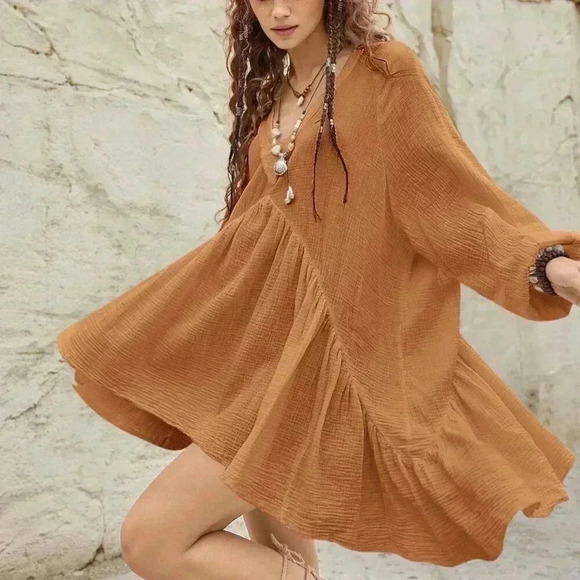 Khaki Boho Women's Lantern Sleeve Back Tie-Up Dress Clothing - Picture 7 of 8